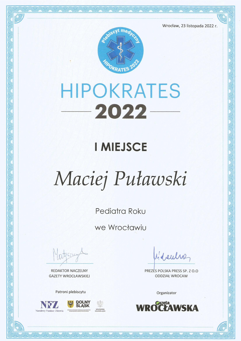 Dyplom Hipokrates Pediatra Roku Wrocław